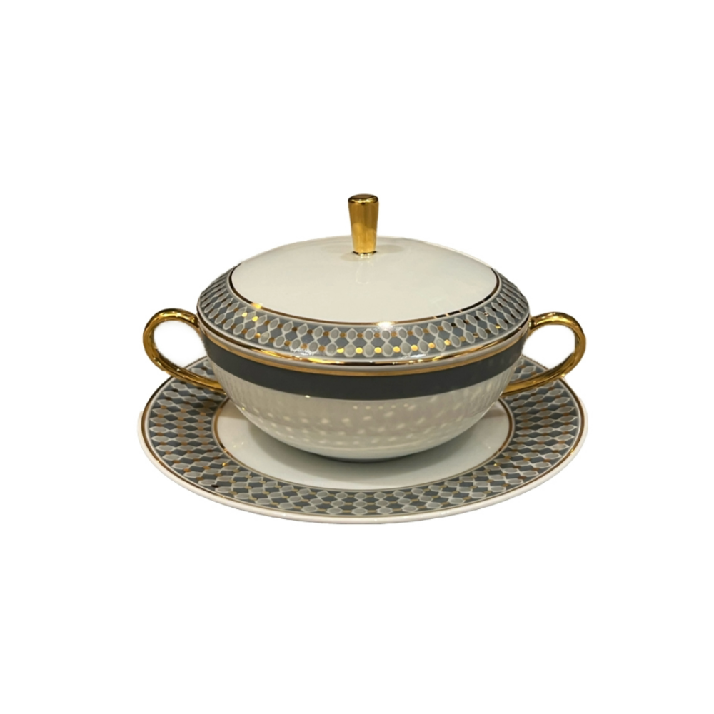 Modern Vintage Soup Bowl w Lid & Saucer